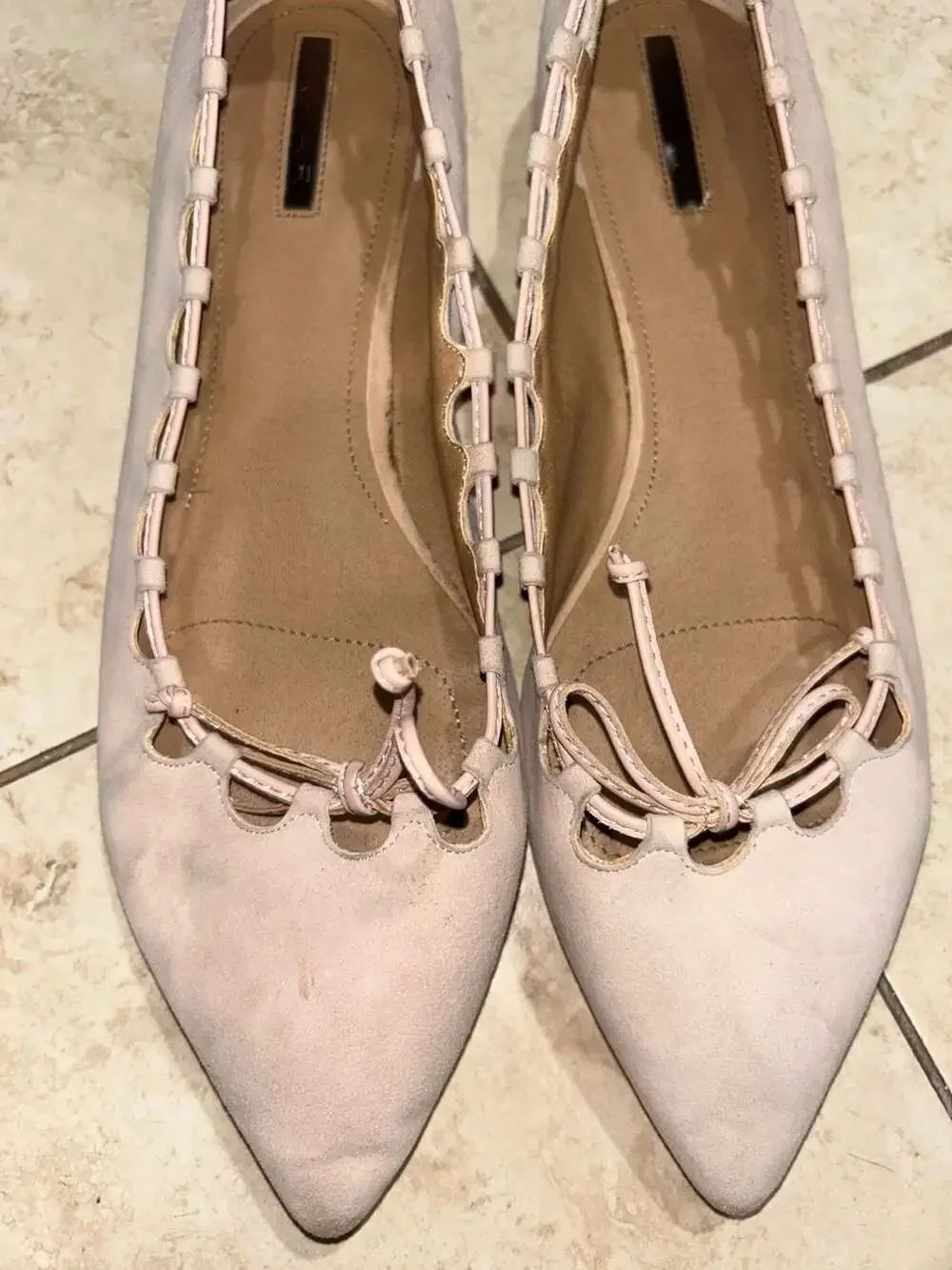 Tahari Blush Pink Suede Pointed Toe Lace-Up Ballet Flats
